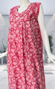 Pink Floral Pure Cotton Sleeveless Nighty. Pure Durable Cotton | Laces and Frills