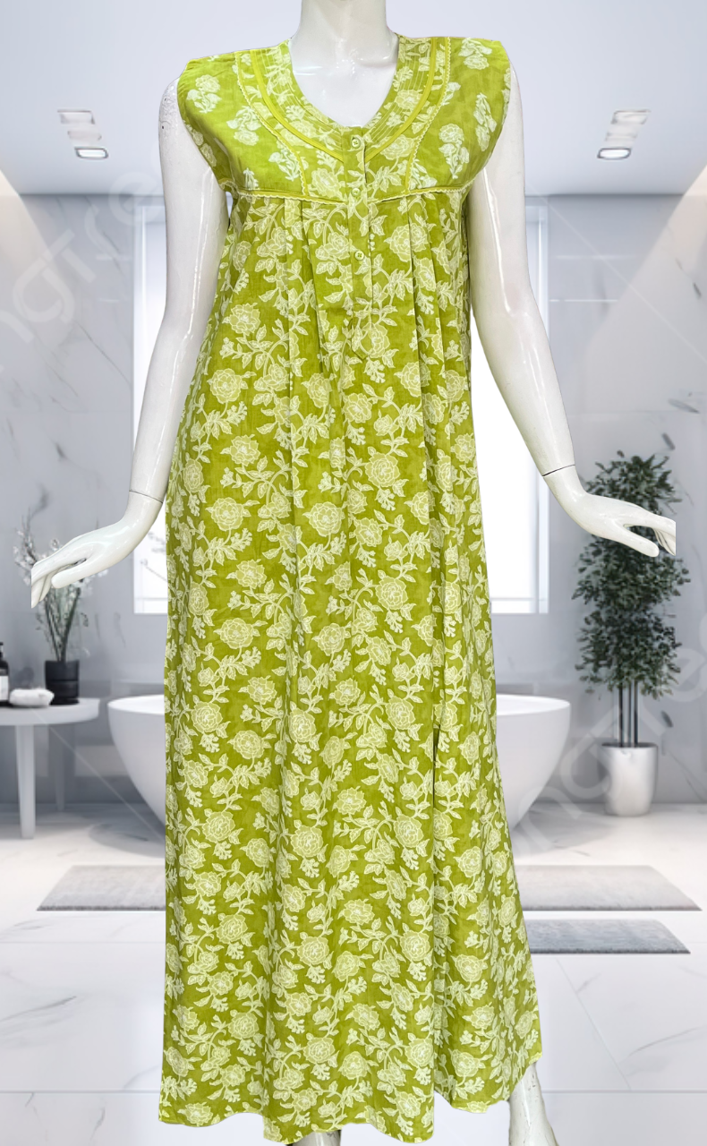 Lime Green Garden Pure Cotton Sleeveless Nighty. Pure Durable Cotton | Laces and Frills