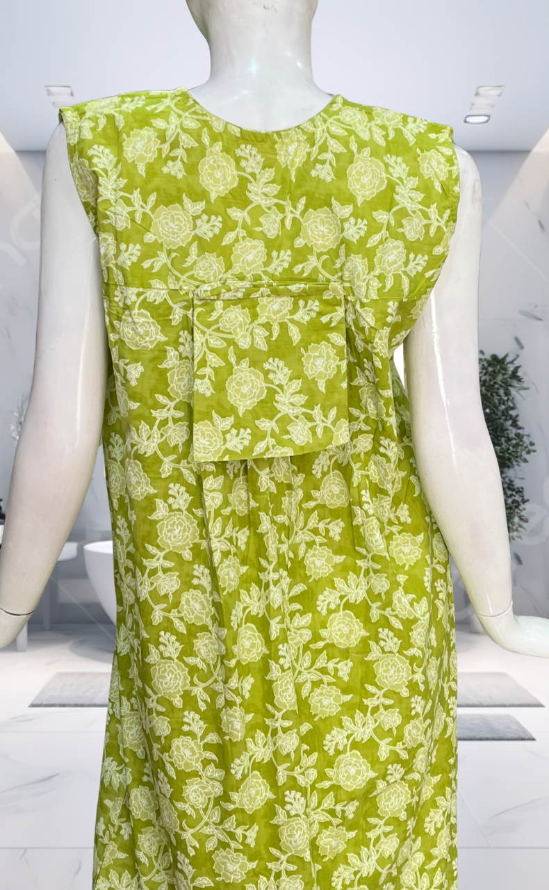 Lime Green Garden Pure Cotton Sleeveless Nighty. Pure Durable Cotton | Laces and Frills