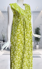 Lime Green Garden Pure Cotton Sleeveless Nighty. Pure Durable Cotton | Laces and Frills