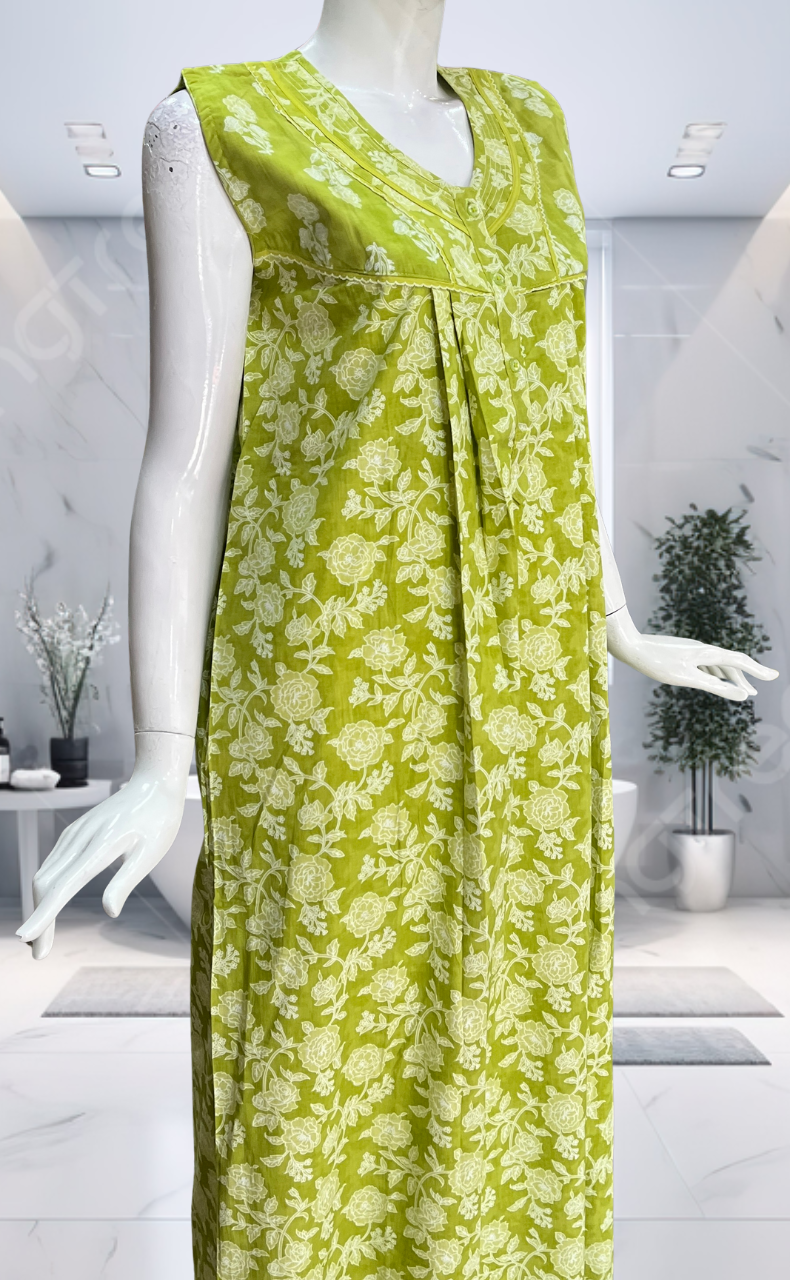 Lime Green Garden Pure Cotton Sleeveless Nighty. Pure Durable Cotton | Laces and Frills