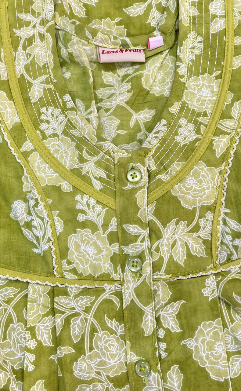 Lime Green Garden Pure Cotton Sleeveless Nighty. Pure Durable Cotton | Laces and Frills
