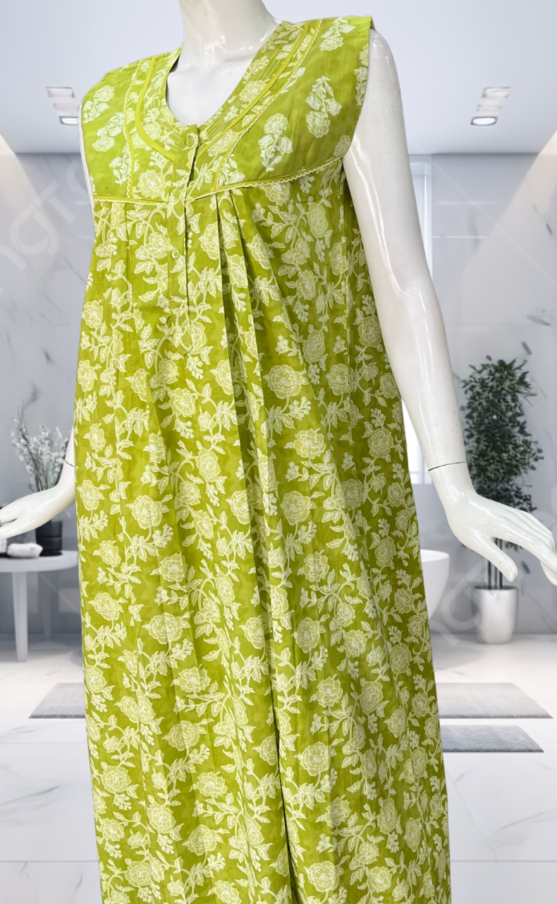 Lime Green Garden Pure Cotton Sleeveless Nighty. Pure Durable Cotton | Laces and Frills