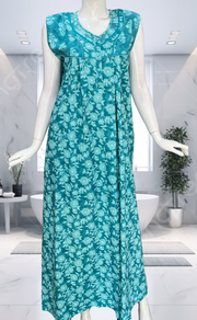 Sea Green Floral Pure Cotton Sleeveless Nighty. Pure Durable Cotton | Laces and Frills