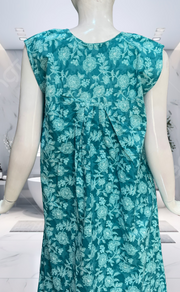 Sea Green Floral Pure Cotton Sleeveless Nighty. Pure Durable Cotton | Laces and Frills