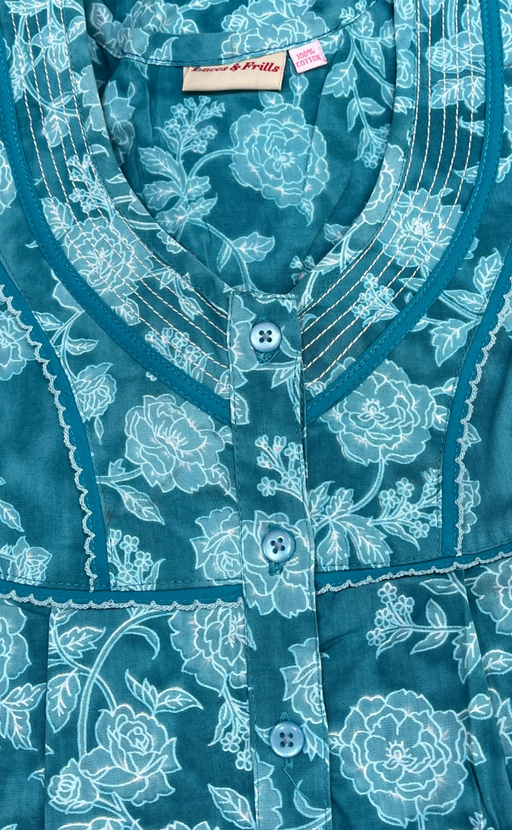 Sea Green Floral Pure Cotton Sleeveless Nighty. Pure Durable Cotton | Laces and Frills