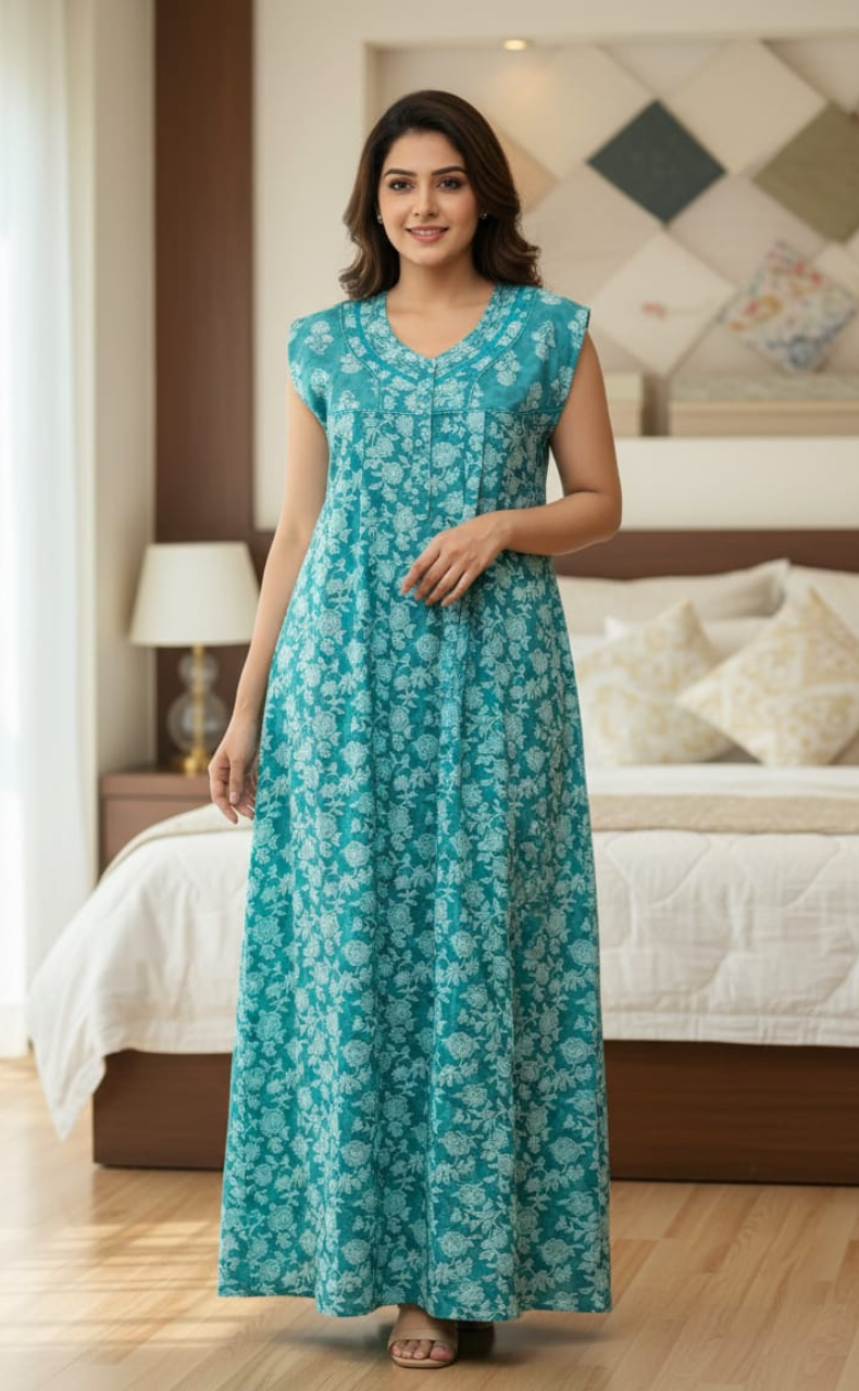 Sea Green Floral Pure Cotton Sleeveless Nighty. Pure Durable Cotton | Laces and Frills