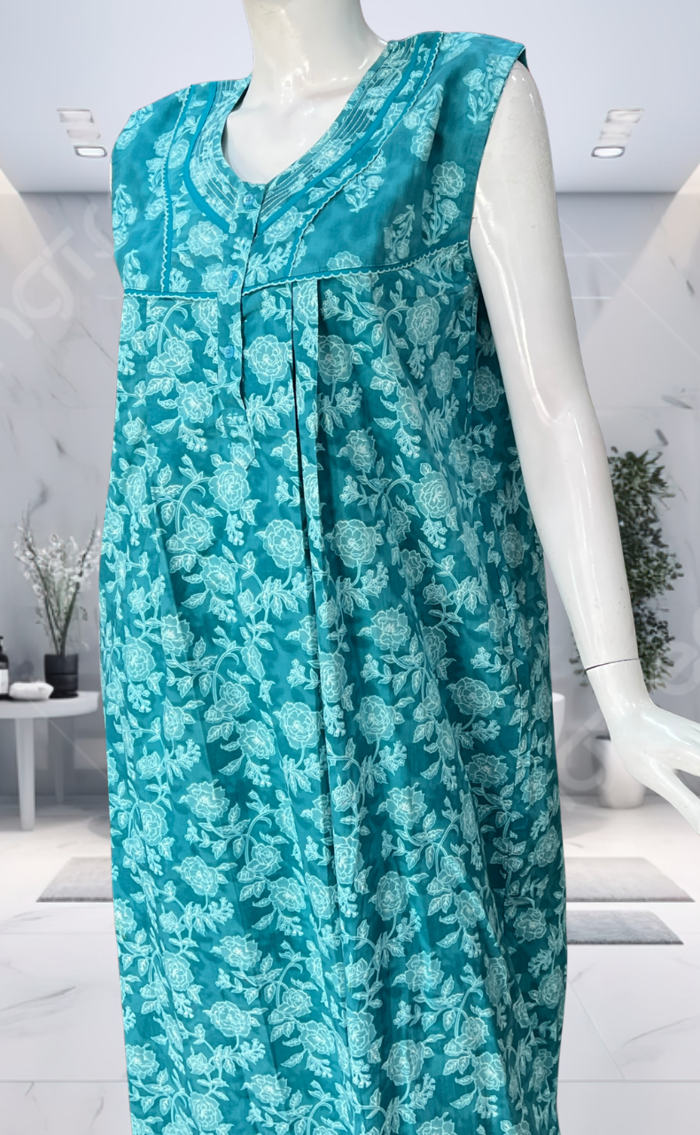 Sea Green Floral Pure Cotton Sleeveless Nighty. Pure Durable Cotton | Laces and Frills