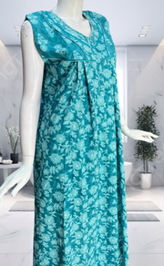 Sea Green Floral Pure Cotton Sleeveless Nighty. Pure Durable Cotton | Laces and Frills