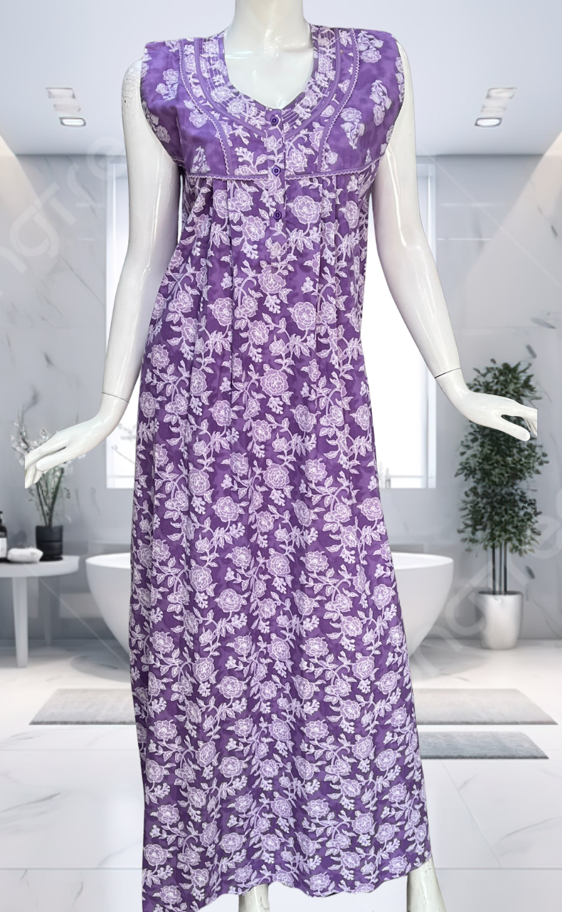 Lavender Garden Pure Cotton Sleeveless Nighty. Pure Durable Cotton | Laces and Frills
