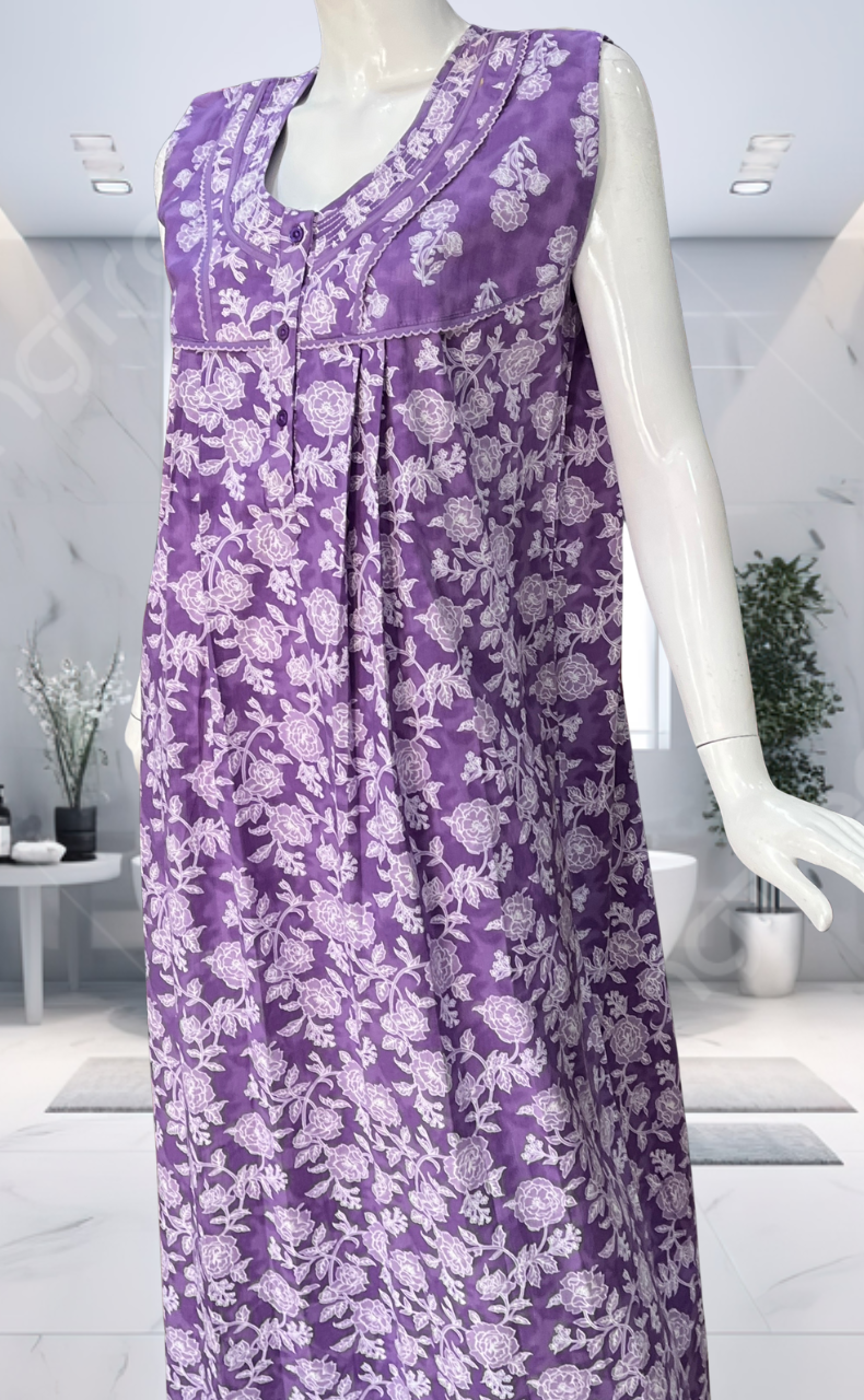 Lavender Garden Pure Cotton Sleeveless Nighty. Pure Durable Cotton | Laces and Frills