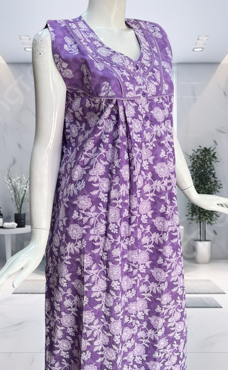 Lavender Garden Pure Cotton Sleeveless Nighty. Pure Durable Cotton | Laces and Frills