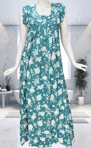Light Blue Floral Pure Cotton Sleeveless Nighty. Pure Durable Cotton | Laces and Frills