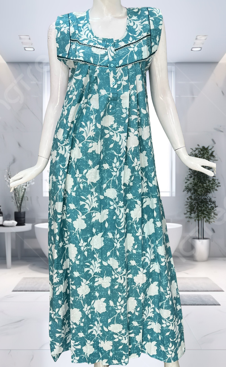 Light Blue Floral Pure Cotton Sleeveless Nighty. Pure Durable Cotton | Laces and Frills