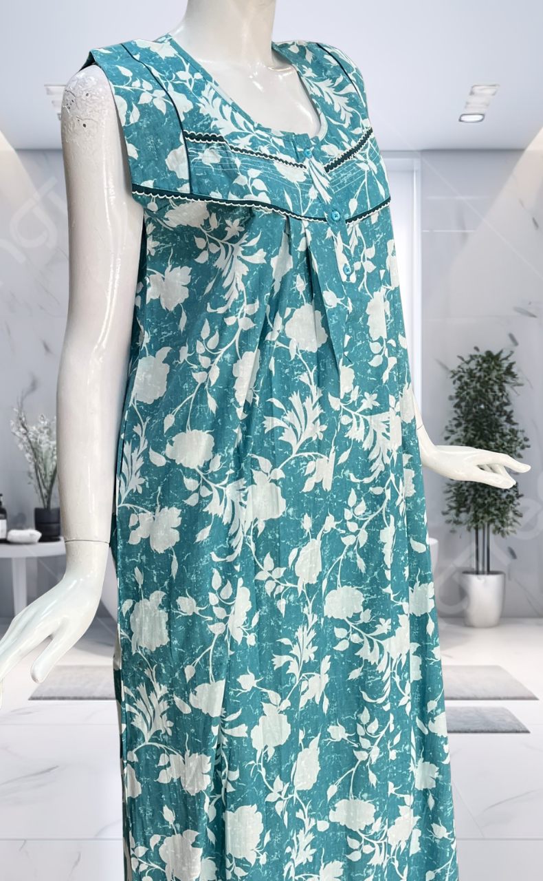 Light Blue Floral Pure Cotton Sleeveless Nighty. Pure Durable Cotton | Laces and Frills