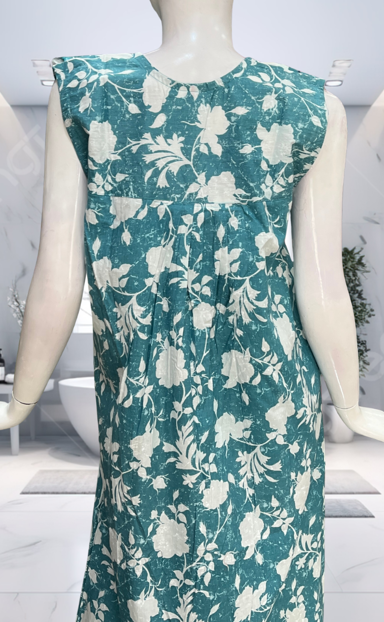 Light Blue Floral Pure Cotton Sleeveless Nighty. Pure Durable Cotton | Laces and Frills