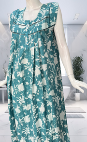 Light Blue Floral Pure Cotton Sleeveless Nighty. Pure Durable Cotton | Laces and Frills
