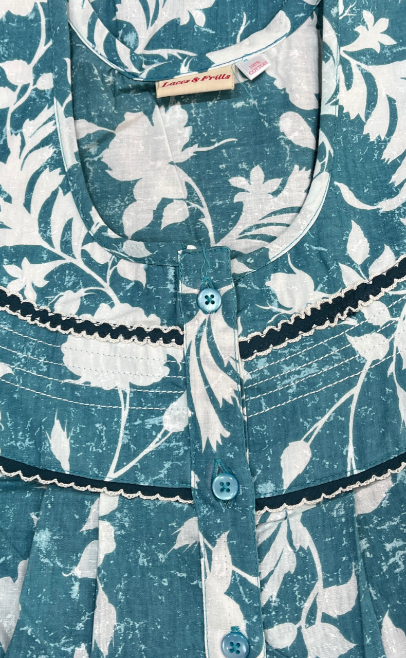 Light Blue Floral Pure Cotton Sleeveless Nighty. Pure Durable Cotton | Laces and Frills