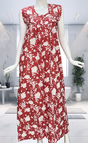 Rust Maroon Floral Pure Cotton Sleeveless Nighty. Pure Durable Cotton | Laces and Frills