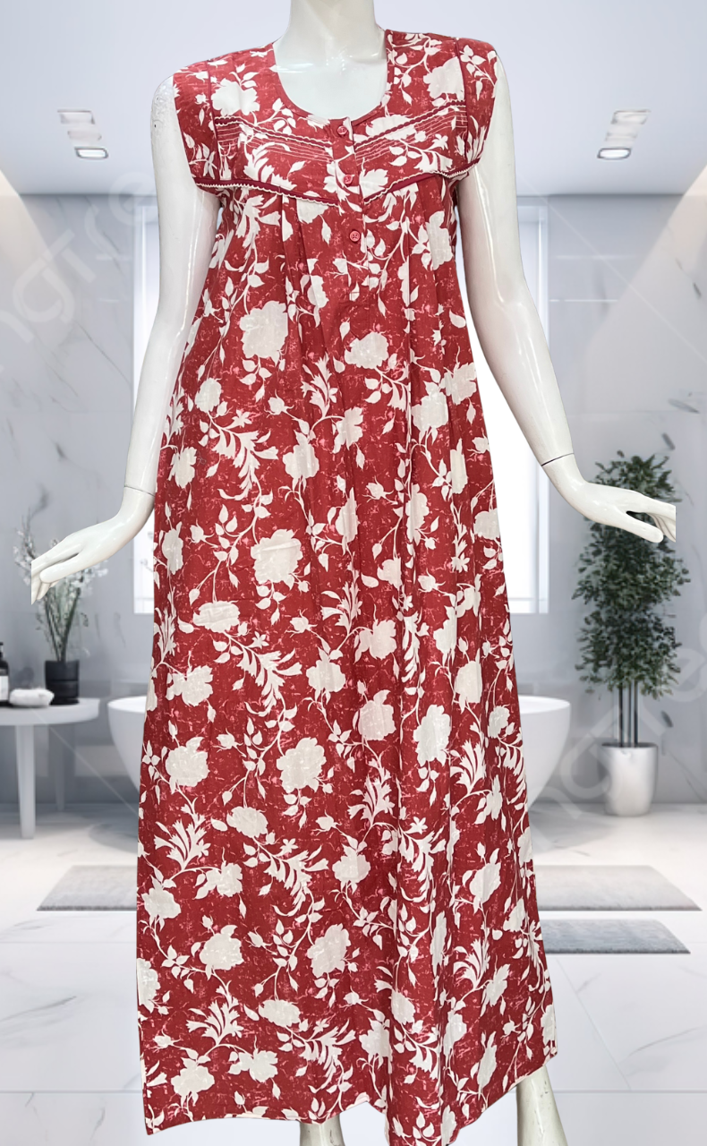 Rust Maroon Floral Pure Cotton Sleeveless Nighty. Pure Durable Cotton | Laces and Frills