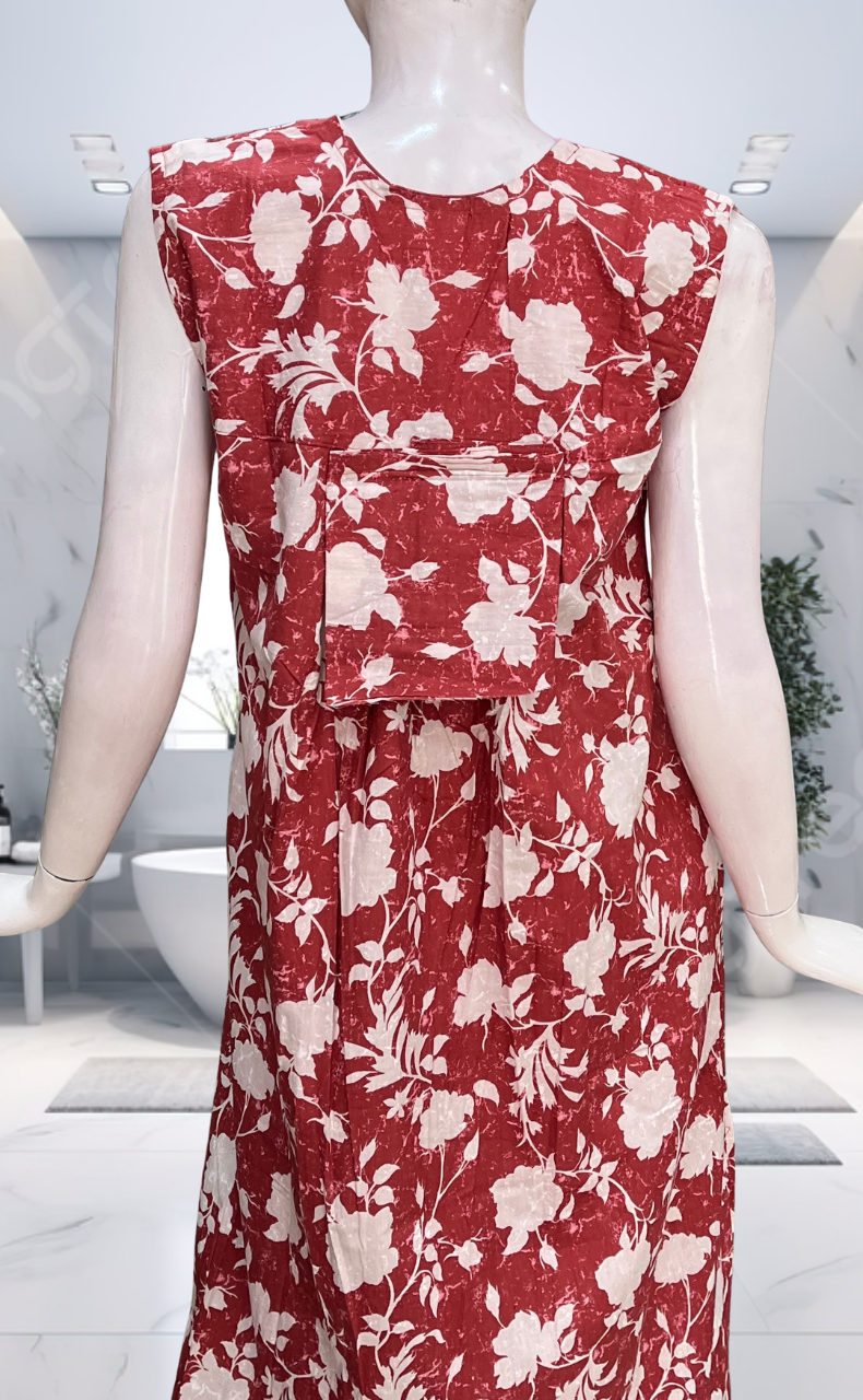 Rust Maroon Floral Pure Cotton Sleeveless Nighty. Pure Durable Cotton | Laces and Frills