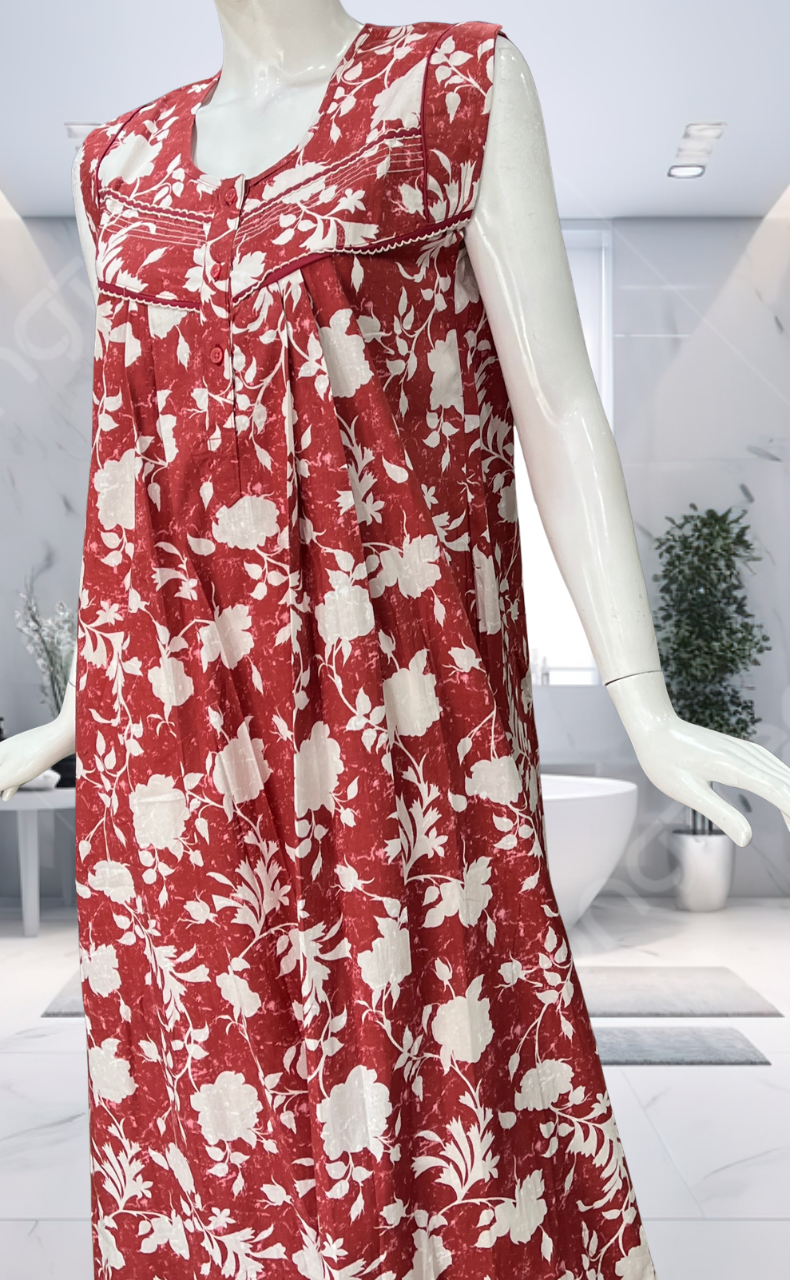 Rust Maroon Floral Pure Cotton Sleeveless Nighty. Pure Durable Cotton | Laces and Frills