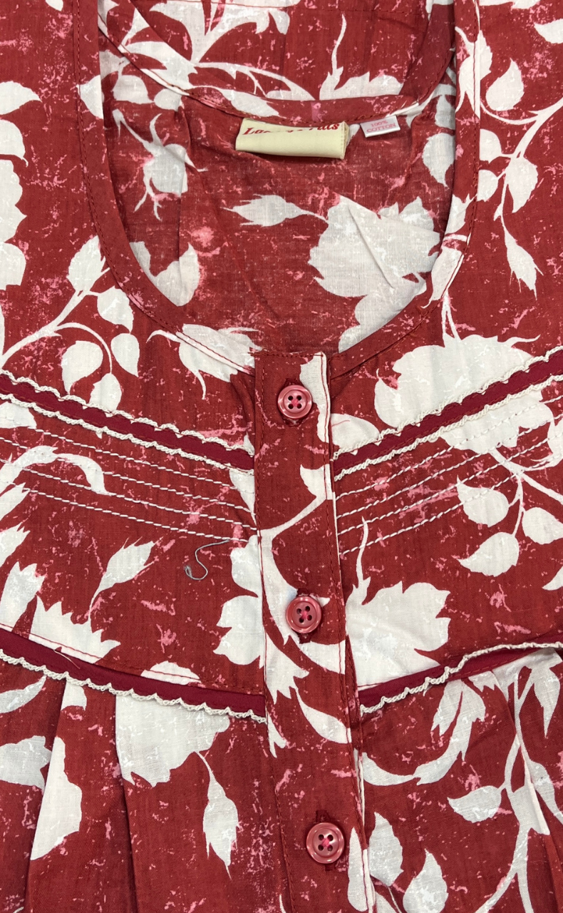 Rust Maroon Floral Pure Cotton Sleeveless Nighty. Pure Durable Cotton | Laces and Frills
