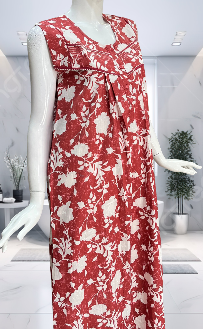Rust Maroon Floral Pure Cotton Sleeveless Nighty. Pure Durable Cotton | Laces and Frills