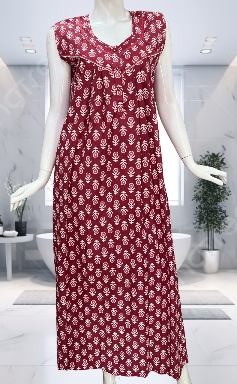Maroon Batik Pure Cotton Sleeveless Nighty. Pure Durable Cotton | Laces and Frills