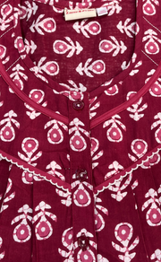 Maroon Batik Pure Cotton Sleeveless Nighty. Pure Durable Cotton | Laces and Frills