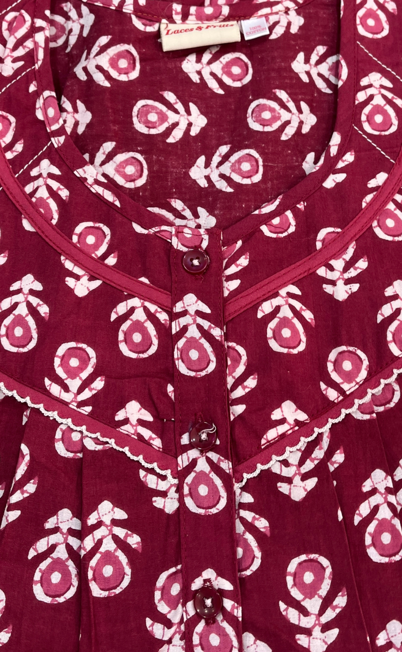 Maroon Batik Pure Cotton Sleeveless Nighty. Pure Durable Cotton | Laces and Frills