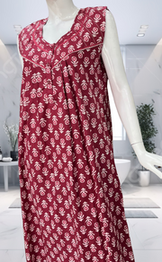 Maroon Batik Pure Cotton Sleeveless Nighty. Pure Durable Cotton | Laces and Frills - Laces and Frills