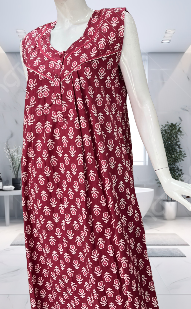 Maroon Batik Pure Cotton Sleeveless Nighty. Pure Durable Cotton | Laces and Frills - Laces and Frills