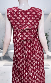 Maroon Batik Pure Cotton Sleeveless Nighty. Pure Durable Cotton | Laces and Frills