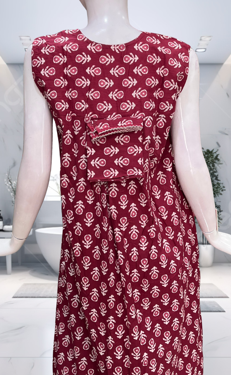 Maroon Batik Pure Cotton Sleeveless Nighty. Pure Durable Cotton | Laces and Frills