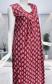 Maroon Batik Pure Cotton Sleeveless Nighty. Pure Durable Cotton | Laces and Frills