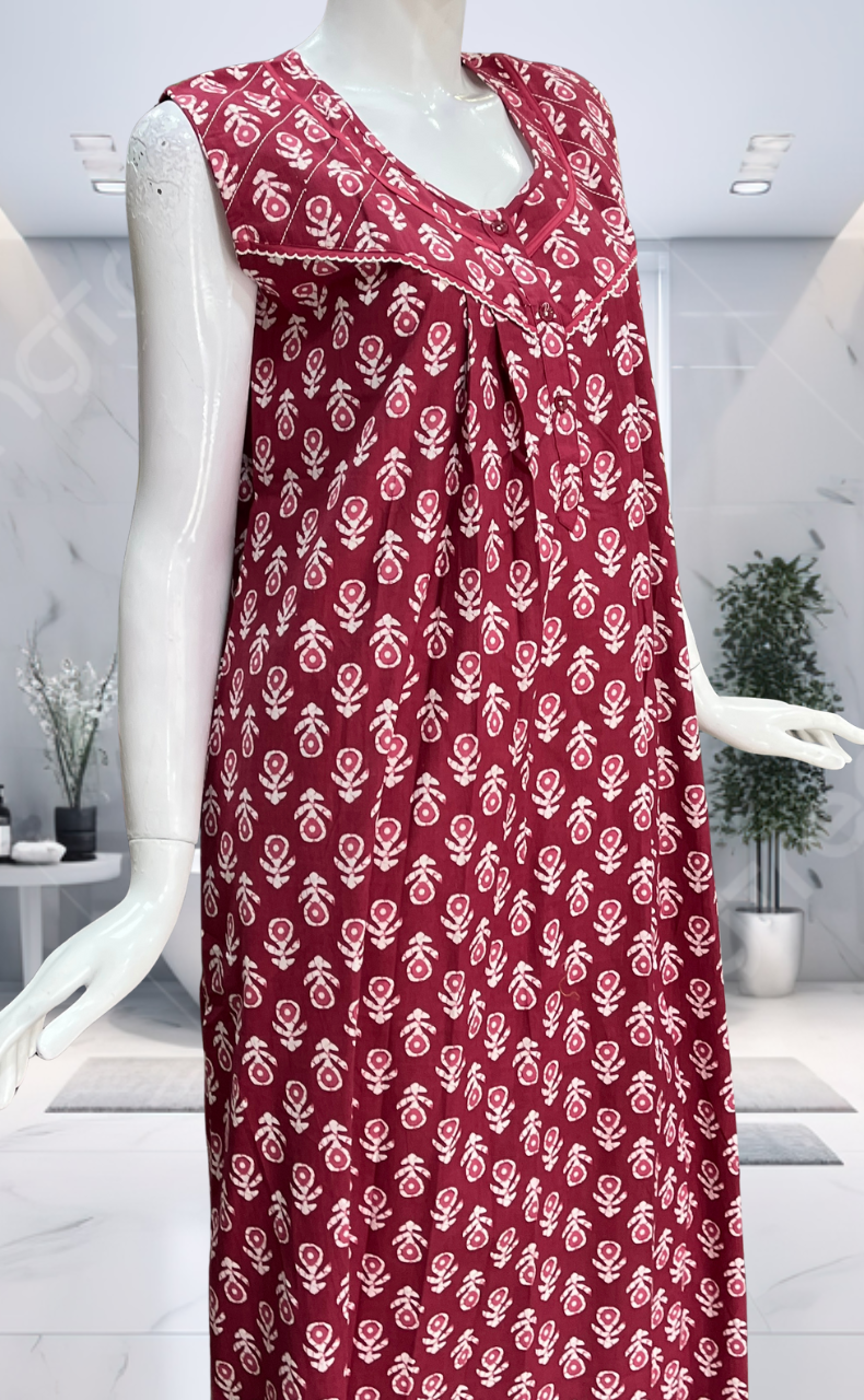 Maroon Batik Pure Cotton Sleeveless Nighty. Pure Durable Cotton | Laces and Frills