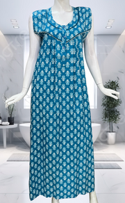 Sky Blue Floral Pure Cotton Sleeveless Nighty. Pure Durable Cotton | Laces and Frills