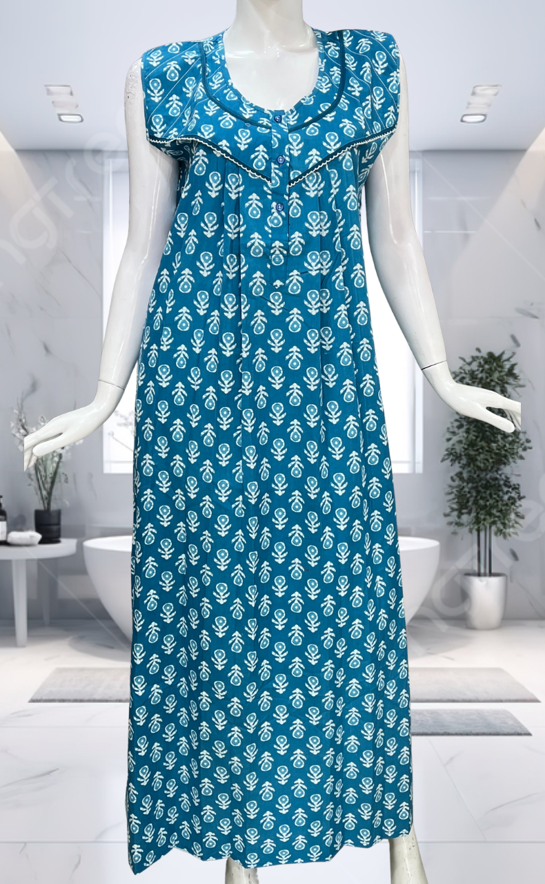 Sky Blue Floral Pure Cotton Sleeveless Nighty. Pure Durable Cotton | Laces and Frills