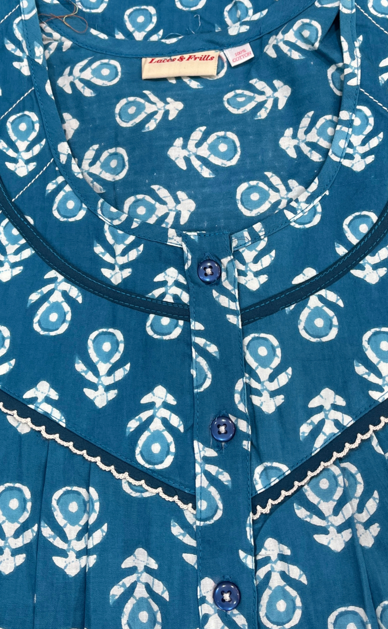 Sky Blue Floral Pure Cotton Sleeveless Nighty. Pure Durable Cotton | Laces and Frills
