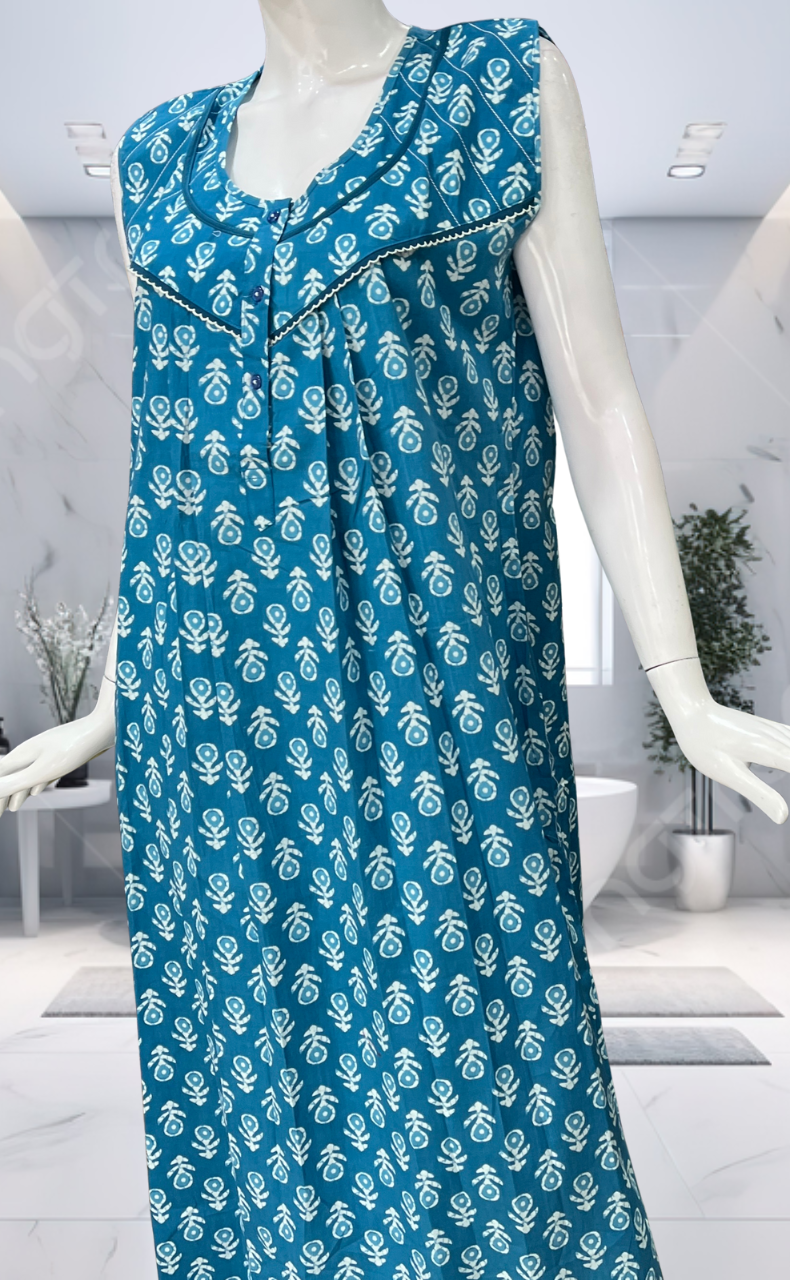 Sky Blue Floral Pure Cotton Sleeveless Nighty. Pure Durable Cotton | Laces and Frills
