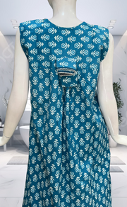 Sky Blue Floral Pure Cotton Sleeveless Nighty. Pure Durable Cotton | Laces and Frills