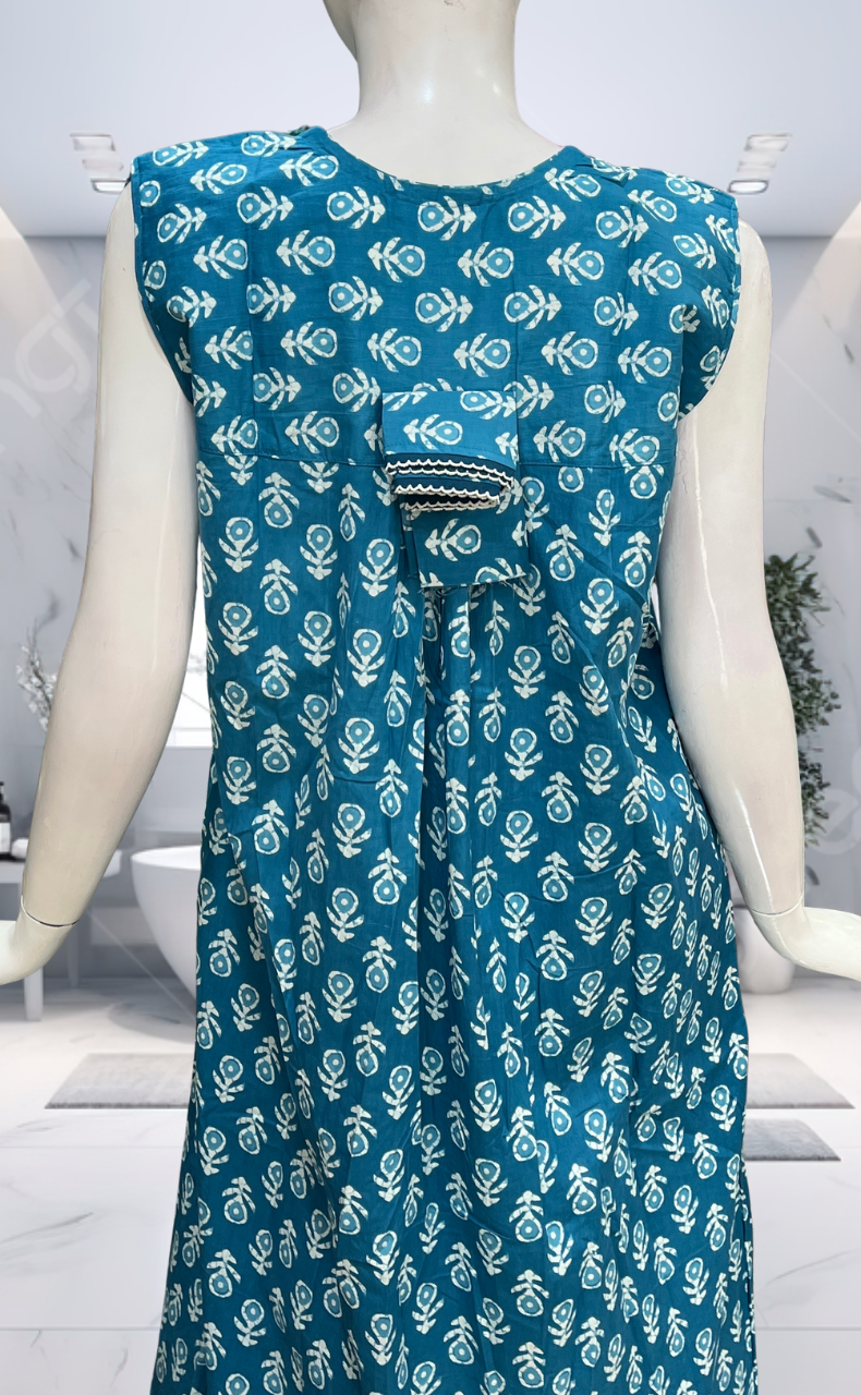 Sky Blue Floral Pure Cotton Sleeveless Nighty. Pure Durable Cotton | Laces and Frills