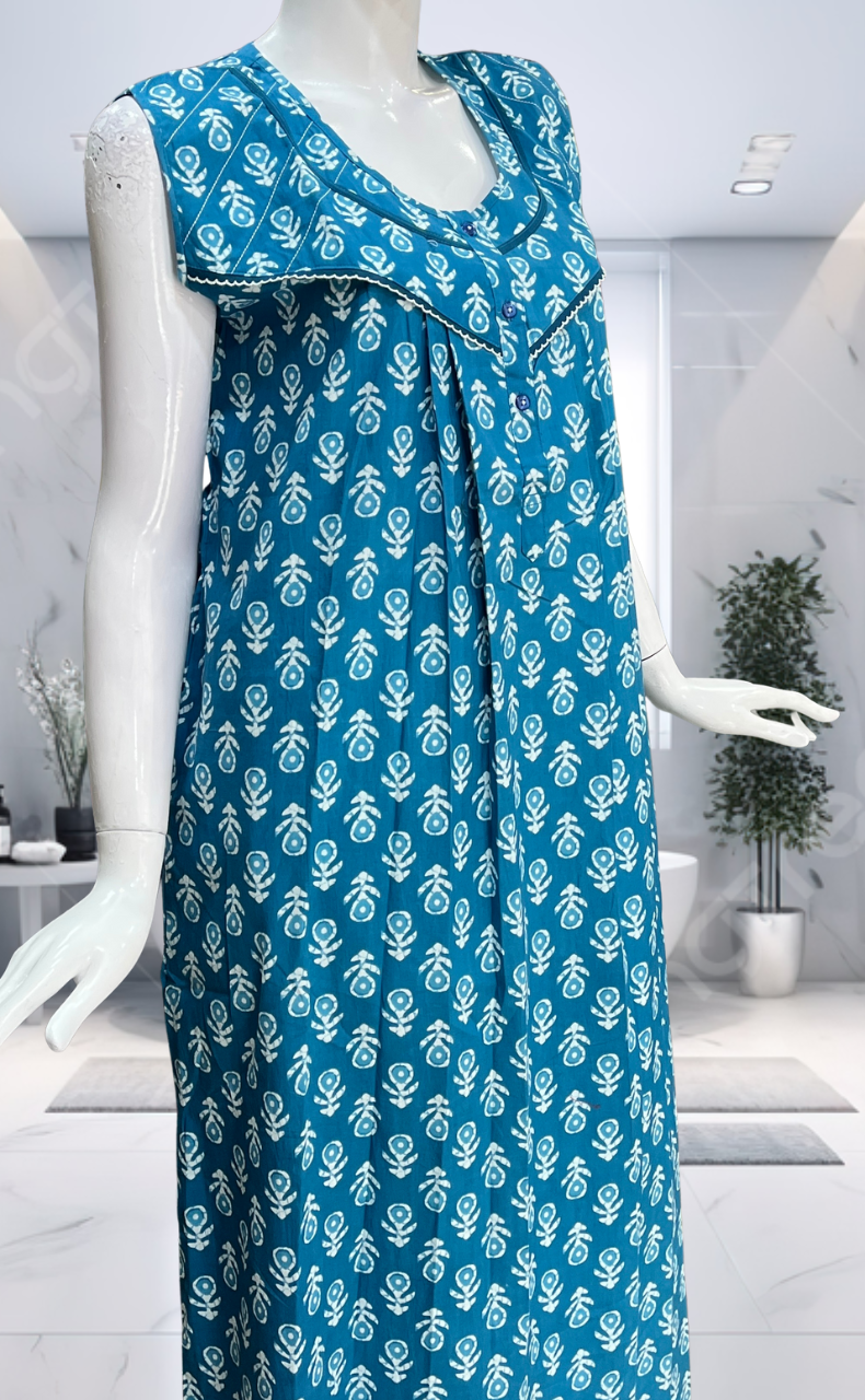 Sky Blue Floral Pure Cotton Sleeveless Nighty. Pure Durable Cotton | Laces and Frills