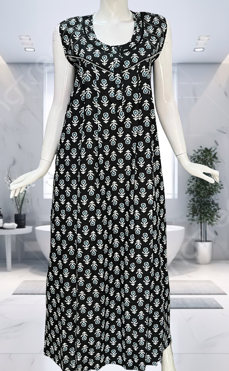 Black Batik Pure Cotton Sleeveless Nighty. Pure Durable Cotton | Laces and Frills