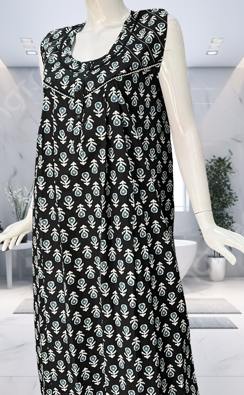 Black Batik Pure Cotton Sleeveless Nighty. Pure Durable Cotton | Laces and Frills