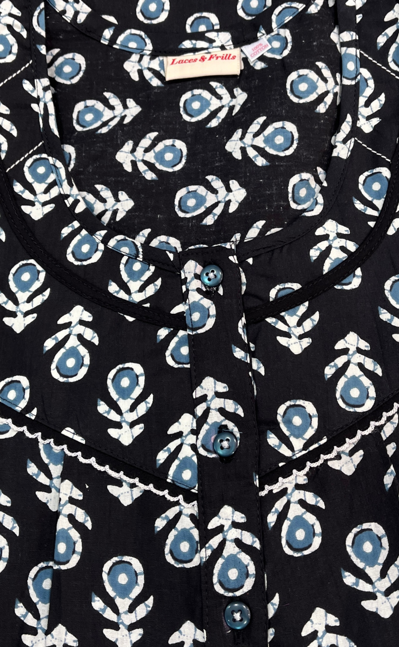 Black Batik Pure Cotton Sleeveless Nighty. Pure Durable Cotton | Laces and Frills