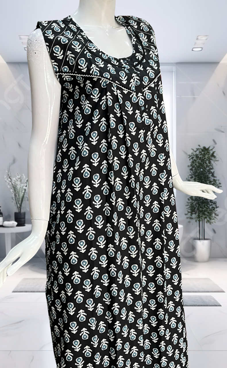 Black Batik Pure Cotton Sleeveless Nighty. Pure Durable Cotton | Laces and Frills