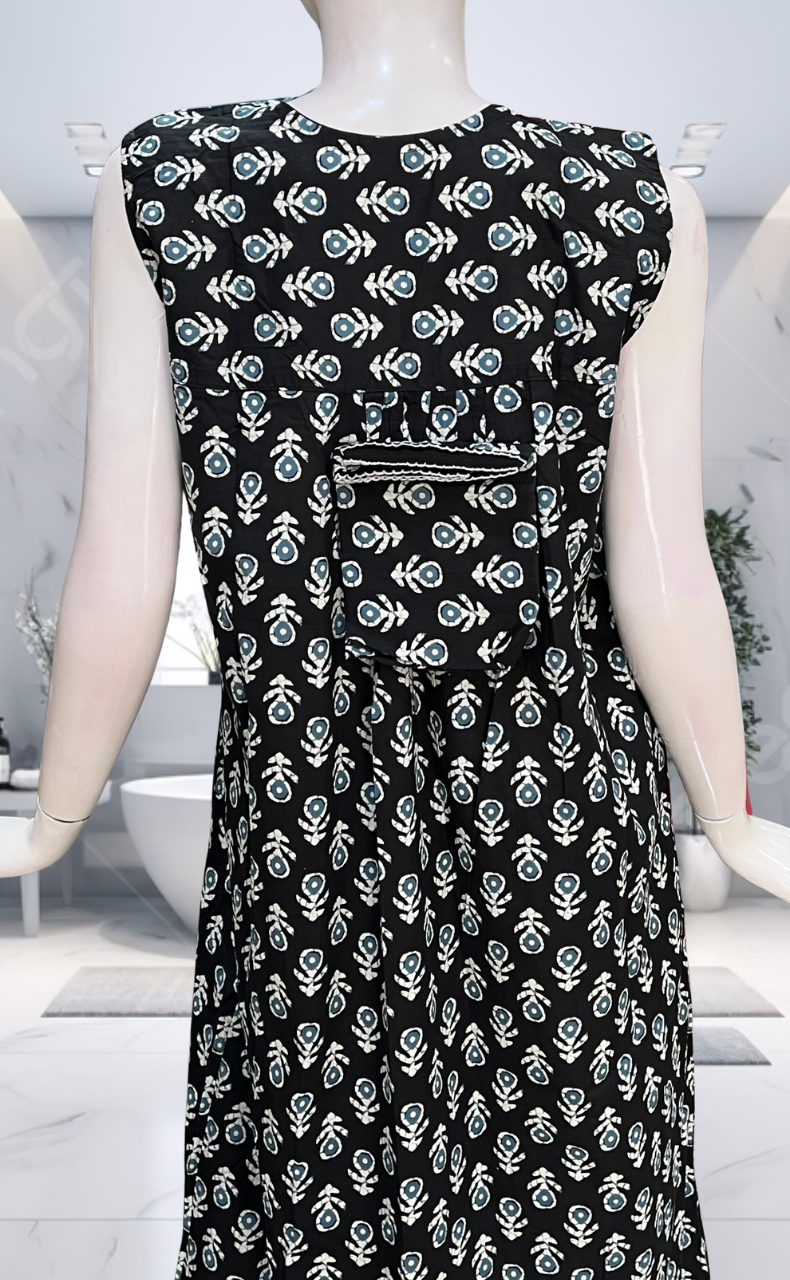 Black Batik Pure Cotton Sleeveless Nighty. Pure Durable Cotton | Laces and Frills