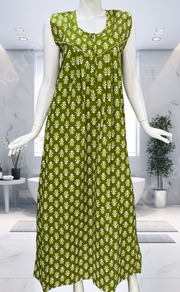 Green Batik Pure Cotton Sleeveless Nighty. Pure Durable Cotton | Laces and Frills